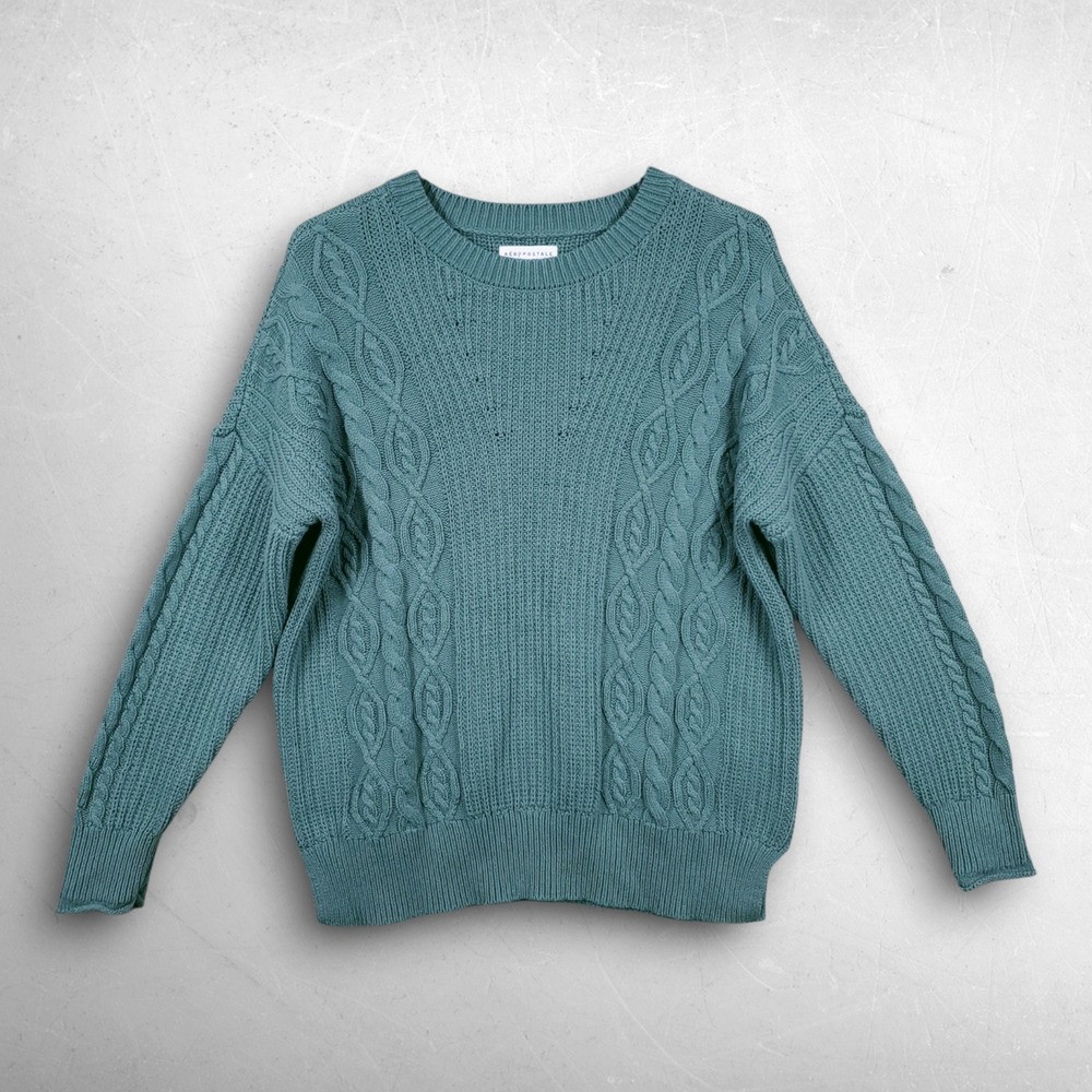 Chunky Cable Knit Pullover Sweater Women M Teal Coastal Fisherman Aeropostale